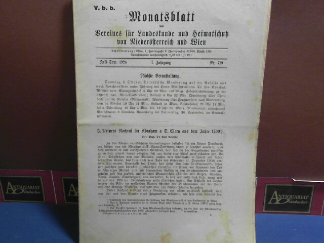 Verein fr Landeskunde von Niedersterreich (Hrsg.):  I. Jahrgang 1926 Nr. 7/9, - Monatsblatt des Vereines fr Landeskunde  und Heimatschutz von Niedersterreich und Wien. 
