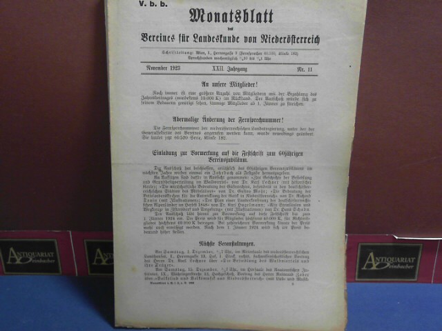 Verein fr Landeskunde von Niedersterreich (Hrsg.):  XXII. Jahrgang 1923 Nr. 11, - Monatsblatt des Vereines fr Landeskunde von Niedersterreich. 
