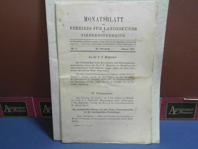 Verein fr Landeskunde von Niedersterreich (Hrsg.):  IX. Jahrgang 1910 Nr. 1, - Monatsblatt des Vereines fr Landeskunde von Niedersterreich. 