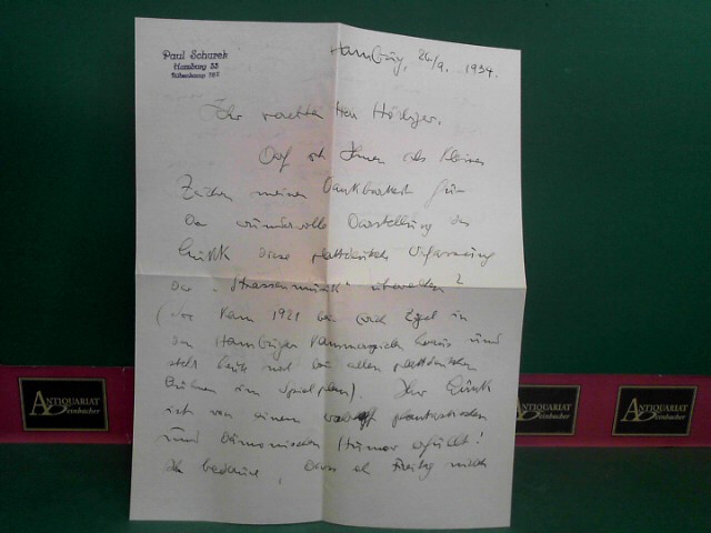 Schurek, Paul:  handschriftliches Schreiben von Paul Schurek an (Attila) Hrbiger, vom 26.9.1934. 