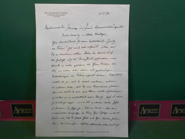handschriftlicher Brief von Siegfried Freiberg an Paula Wessely und Attila Hörbiger, vom 25.5.1970.