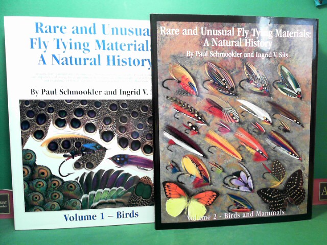 Schmookler, Paul and Ingrid V. Sils:  Rare and unusual fly tying materials: A natural history treating both standard and rare materials, their sources and geography, as used in classic, contemporary, and artistic trout and salmon flies, displayed in photographs, and in the paintings and engravings of history`s greatest ornithological and zoological illustrators - Volume 1: Birds. and Volume 2: Birds and Mammals. 