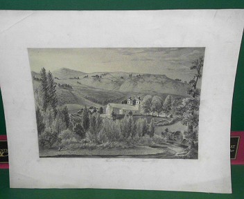 Bleistiftzeichnung Titel "Pfarre zu Bristof im Rocca Isalr" (so weit entzifferbar - vermutlich das heutige Britovo, Ucagne, Slovenien).