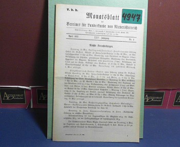 Verein fr Landeskunde von Niedersterreich (Hrsg.):  XXIV. Jahrgang 1925 Nr. 4, - Monatsblatt des Vereines fr Landeskunde  von Niedersterreich. 