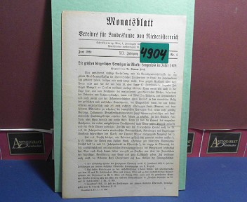 Verein fr Landeskunde von Niedersterreich (Hrsg.):  XIX. Jahrgang 1920 Nr. 6, - Monatsblatt des Vereines fr Landeskunde  von Niedersterreich. 