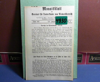 Verein fr Landeskunde von Niedersterreich (Hrsg.):  XXII. Jahrgang 1923 Nr. 10 - Monatsblatt des Vereines fr Landeskunde  von Niedersterreich. 