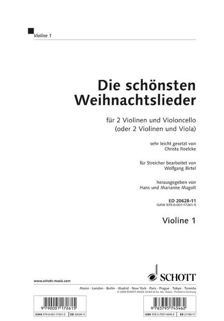 Die schönsten Weihnachtslieder  Einzelstimme Violine 1 - Magolt, Hans / Magolt, Marianne (Hrsg.); Birtel, Wolfgang (Bearb.)
