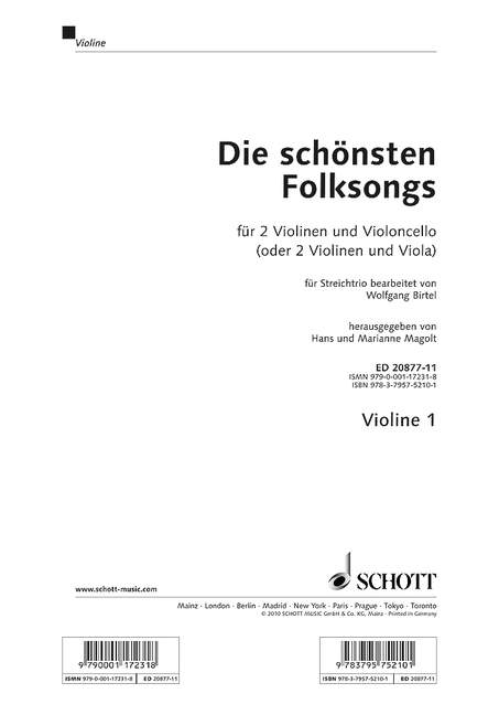 Die schönsten Folksongs  Einzelstimme Violine 1 - Magolt, Hans / Magolt, Marianne (Hrsg.); Birtel, Wolfgang (Bearb.); Estenfeld-Kropp, Christa (Illustr.)