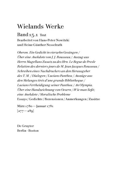 Christoph Martin Wieland: Werke / Text Essays / Gedichte / Rezensionen / Anmerkungen / Zusätze. März 1780 —Januar 17 - Nowitzki, Hans-Peter und Heinz-Günther Nesselrath
