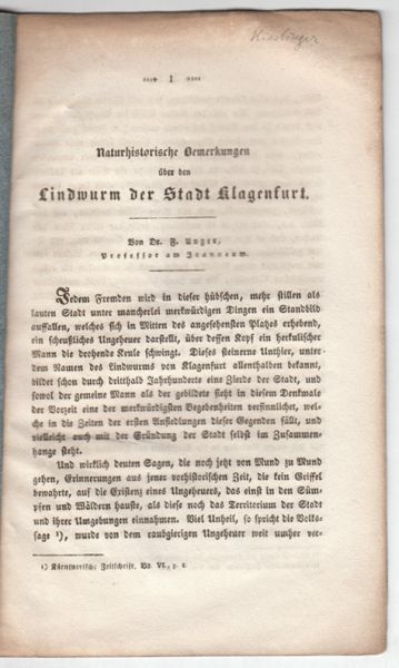 KLAGENFURT - UNGER, F[ranz]. Naturhistorische Bemerkungen ber den Lindwurm der Stadt Klagenfurt.
