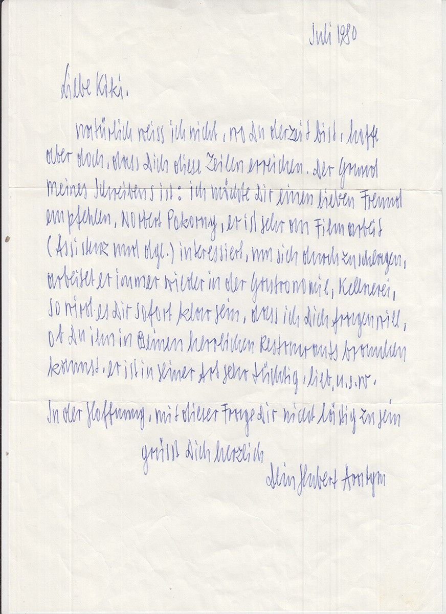 Eigenhändiger Brief (adressiert an Kiki Kogelnik, österr. Künstlerin 1935-1997). Mit eigenhänd. Kuvert.