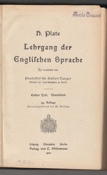 PLATE, H. Lehrgang der Englischen Sprache neu bearb. v. Gustav Tanger.