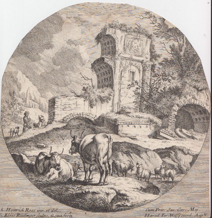 ROOS, Johann Heinrich. - RIDINGER, J[ohann] Elias. Landschaft mit antiken rmischen Ruinen. Im Vordergrund befinden sich Rinder und Ziegen. Seitlich, im Mittelgrund 2 Hirten mit einem Hund.