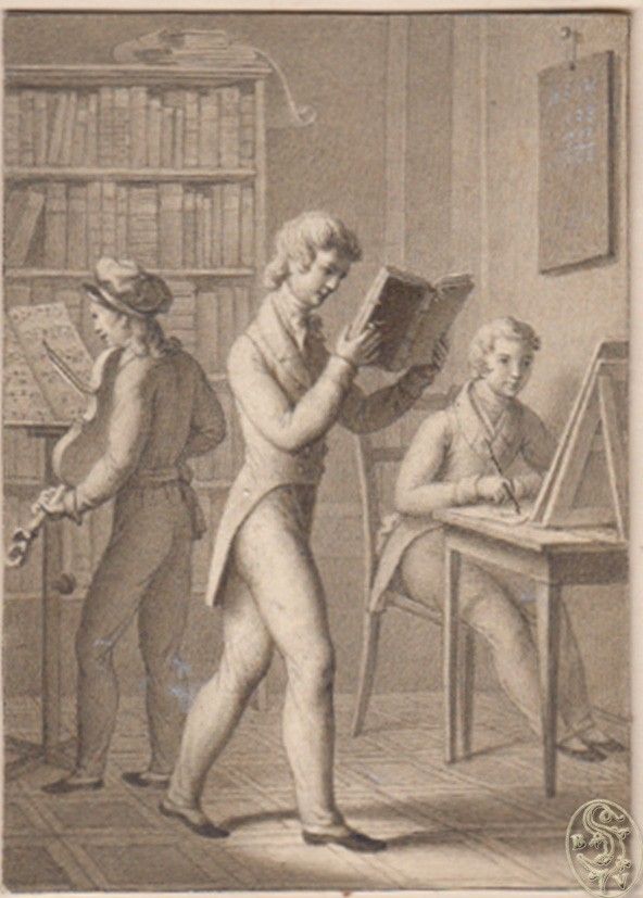  Drei Jnglinge in einer Studierstube. Einer steht vor einem Notenstnder und spielt auf der Geige, ein zweiter liest gehend in einem Buch und ein dritter sitzt an einem Tisch und scheint zu zeichnen.