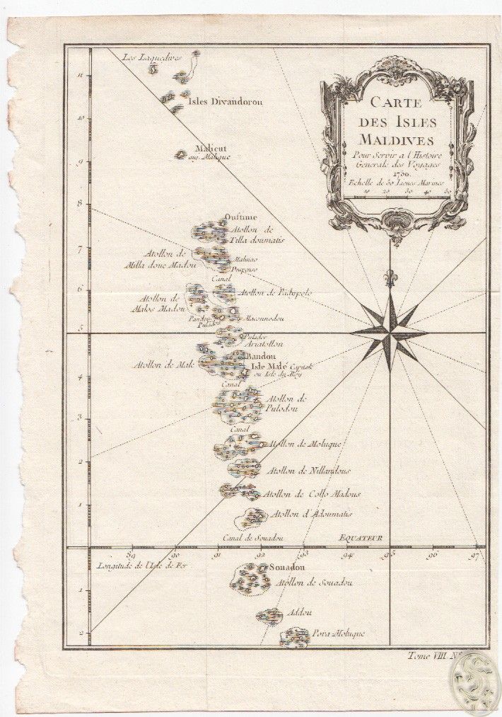 Carte de Isles Maldives. Pour Servir a l`Histoire Generale des Voyages 1750. Echelle de la 50 Lines Marines.