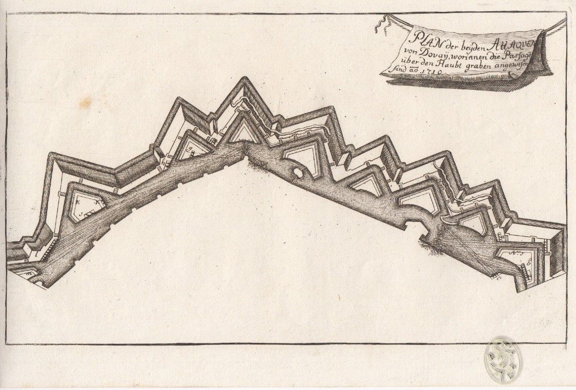  Plan der beyden Attaquen von Dovay, worinnen die Passage ber den Hauptgraben angewisen sind ao 1710.