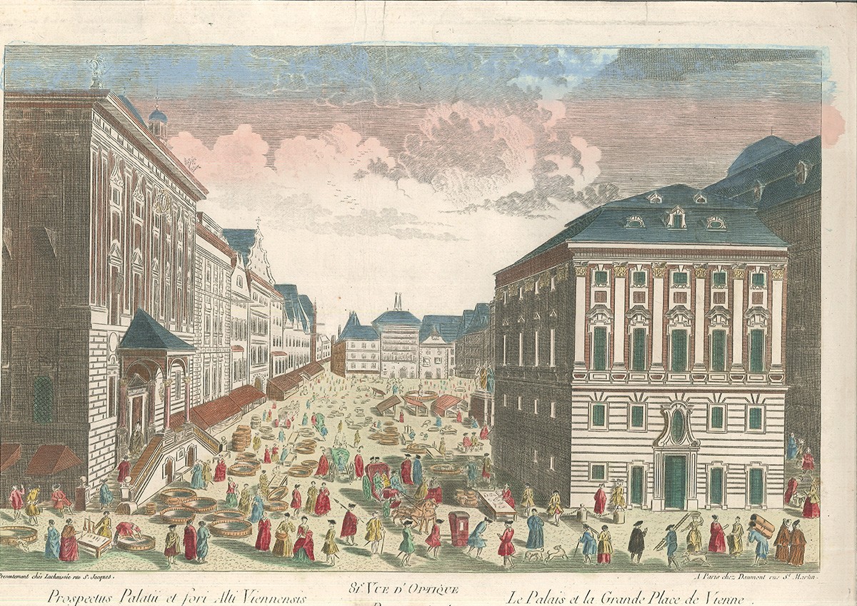  Prospectus Palatii et fori Alti Viennensis. 81e. vue d`Optique Representant Le Palais et la Grande Place de Vienne.