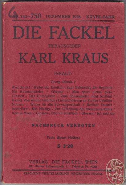  DIE FACKEL. Hrsg. Karl Kraus.