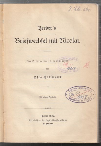 HERDER, Johann Gottfried  v. Briefwechsel mit Nicolai. Im Originaltext hrsg. v. Otto HOFFMANN.