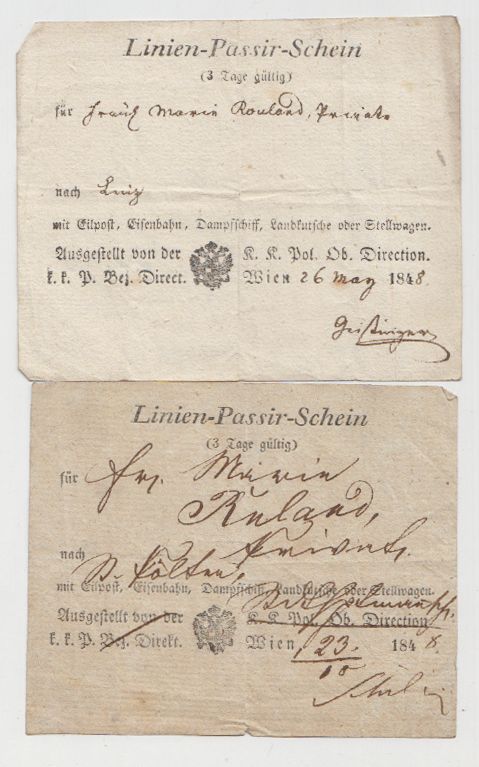  2 Linien-Passir-Scheine (3 Tage gltig). Ausgestellt von der k. k. P. Bez. Direkt. Wien. 1848.