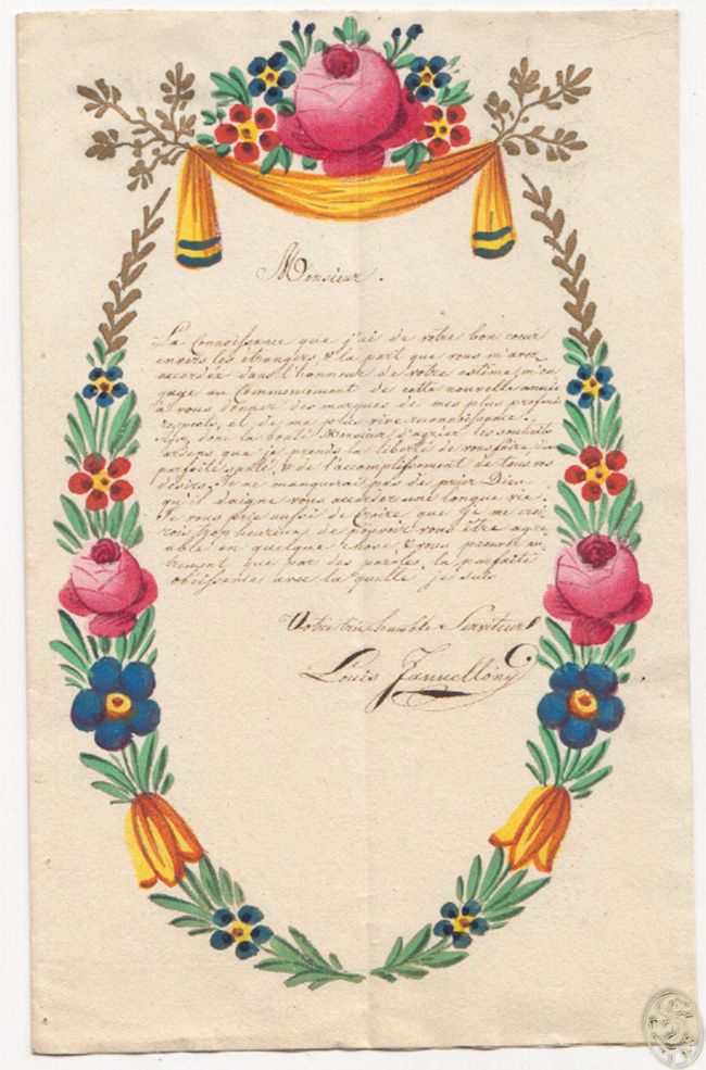  Freundschaftsbrief in franzsischer Sprache mit reicher farbiger floraler Verzierung umgeben.