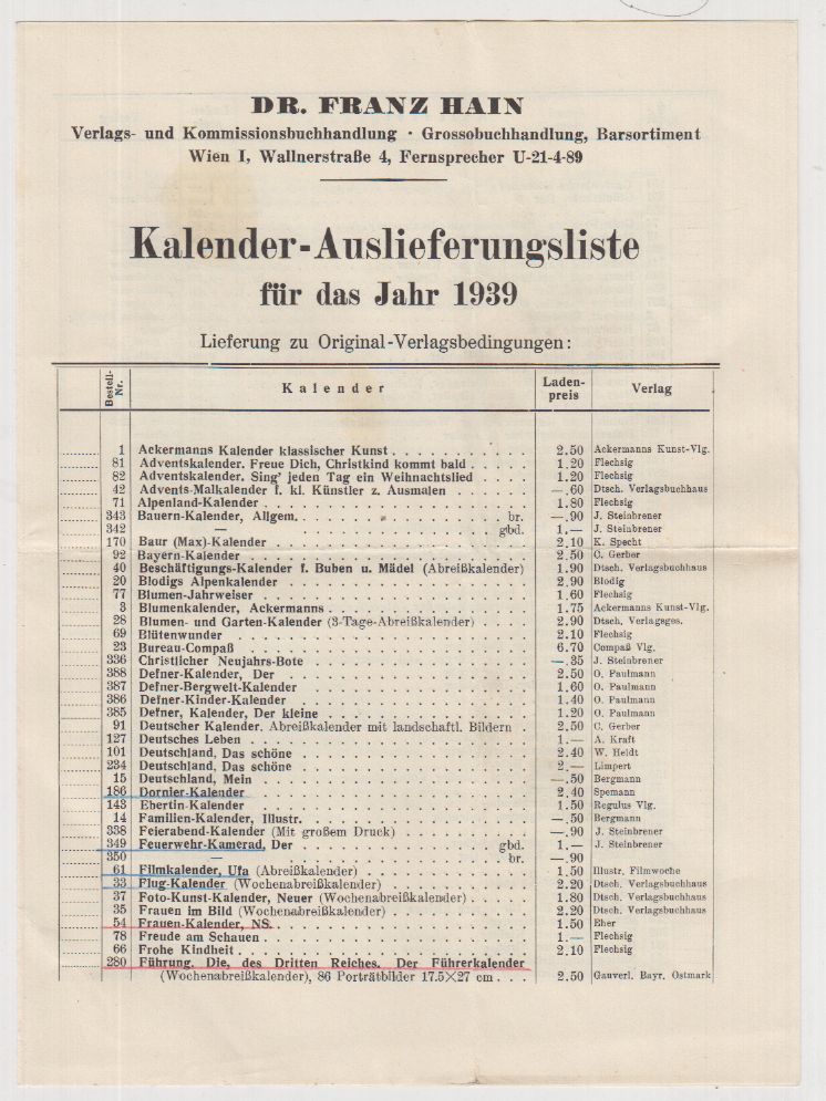  Kalender-Auslieferungsliste fr das Jahr 1939.