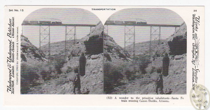  A wonder to the primitive inhabitants - Santa Fe train crossing Canon Diabolo, Arizona.