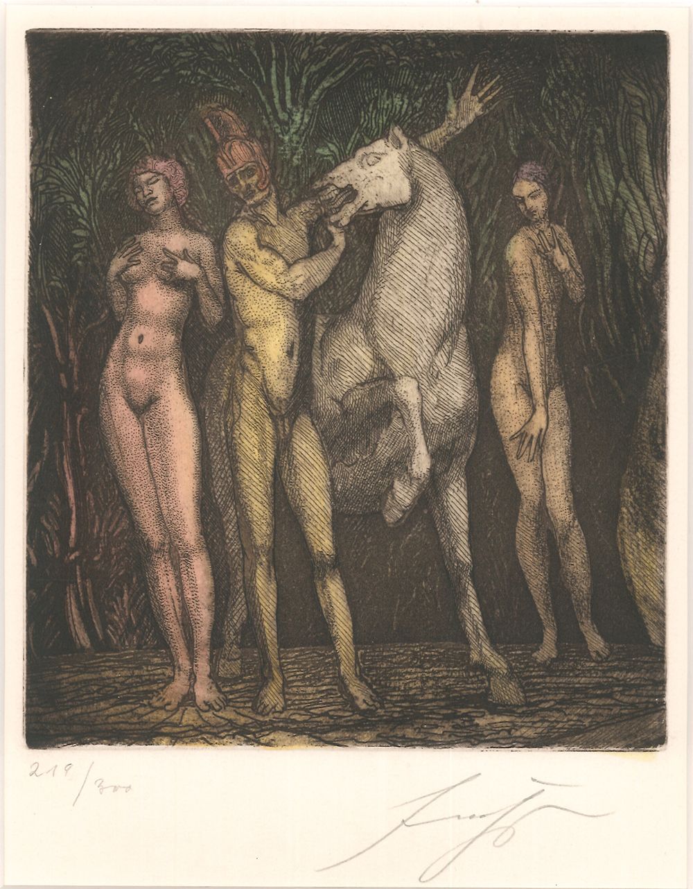 FUCHS, Ernst (1930-2015). [3 stehende Figuren und Pferd].