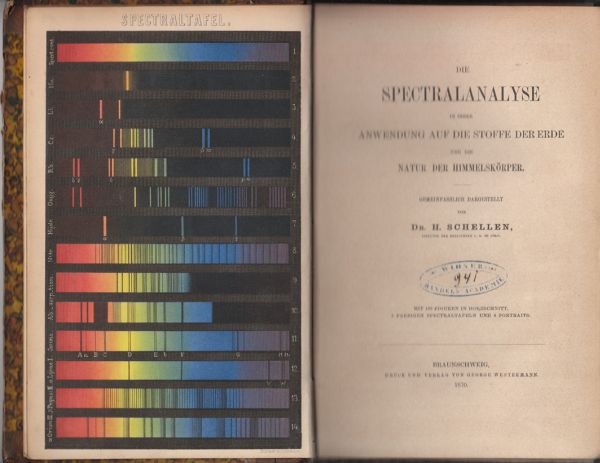 SCHELLEN, H. Die Spectralanalyse in ihrer Anwendung auf die Stoffe der Erde und die Natur der Himmelskrper. Gemeinfalich dargestellt.