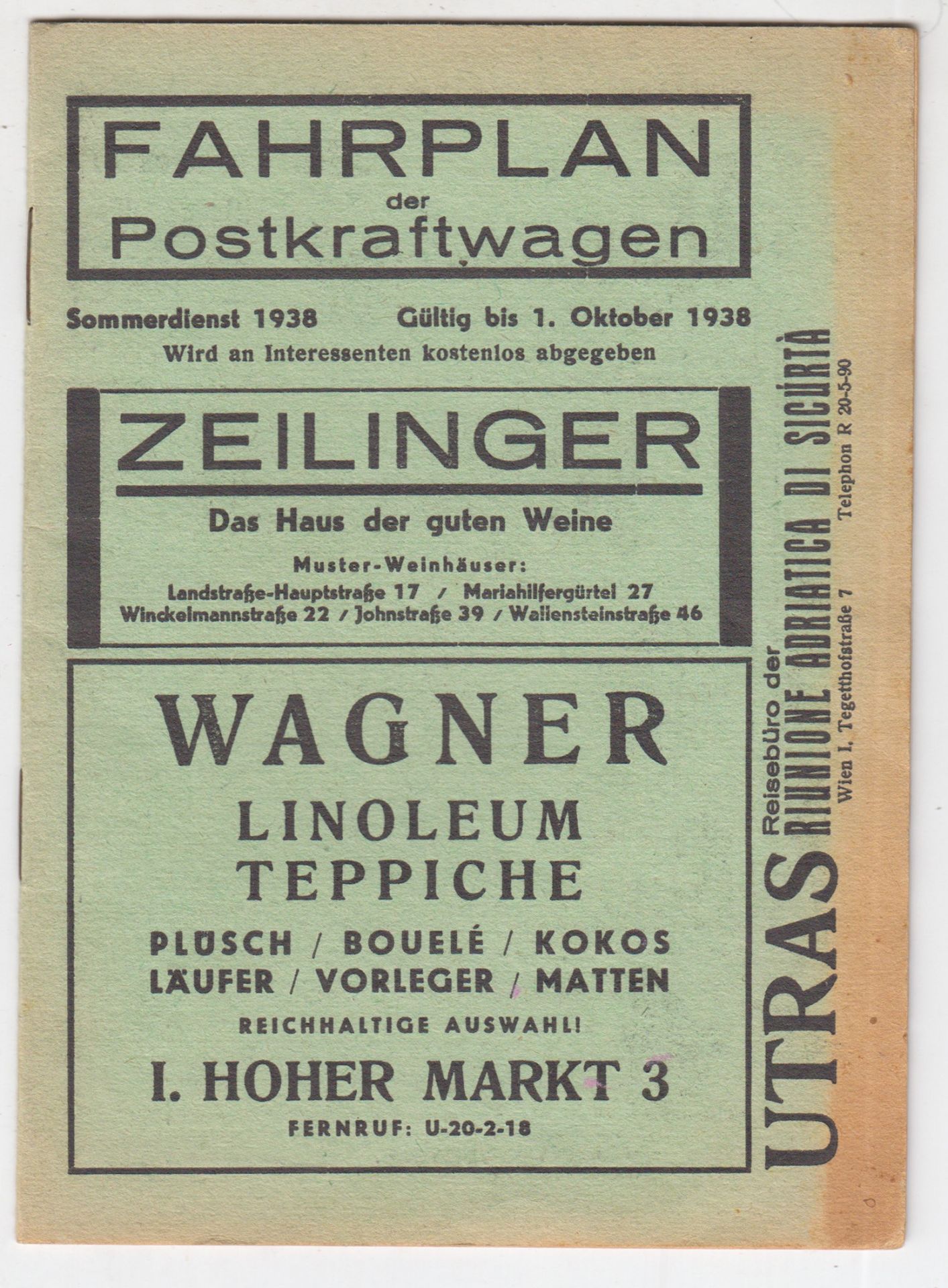  Fahrplan de Postkraftwagen. Sommerdienst 1938. Gltig bis 1. Oktober 1938.