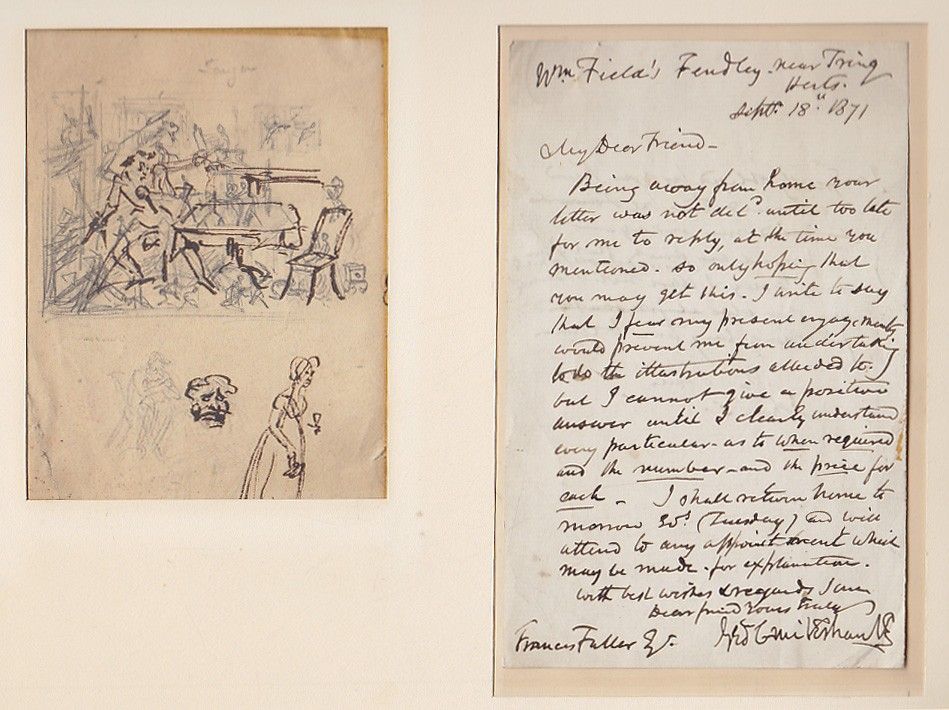 CRUIKSHANK, George (1792-1878, British artist and caricaturist, illustrator for Dickens). Orig.-drawing (sketch in pencil and ink) and autograph letter.