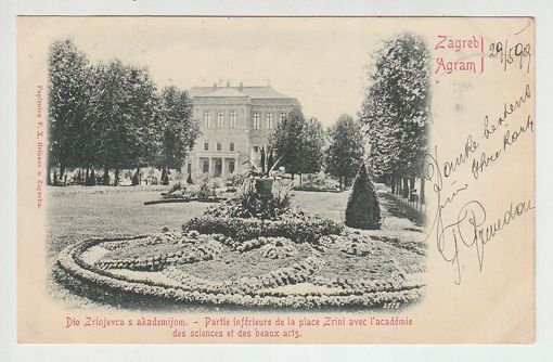 Zagreb Agram. Dio Zrinjevca s akademijom. - Partie inférieure de la place Zrini avec l`académie des scienes et des beaux arts.
