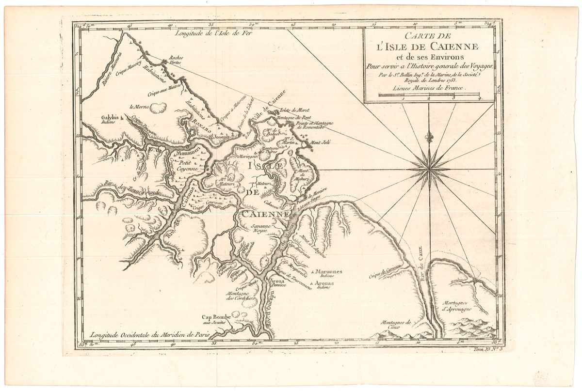  Carte de l`isle de Caienne et ses Environs. Pour servir a l`Histoire generale des Voyages. Par le Sr. Bellin Ingr. de la Marine, de la Societ Royale de Londres 1753.
