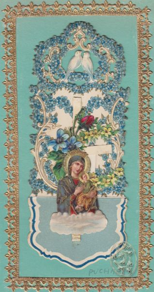  Klappbild bestehend aus drei Ebenen. 1. Ebene: Hl. Maria mit Jesuskind. 2. Ebene: Blumenstrau bestehend aus drei verschiedenen Blumenarten. 3. Ebene: Blumentor mit zwei weien Tauben.