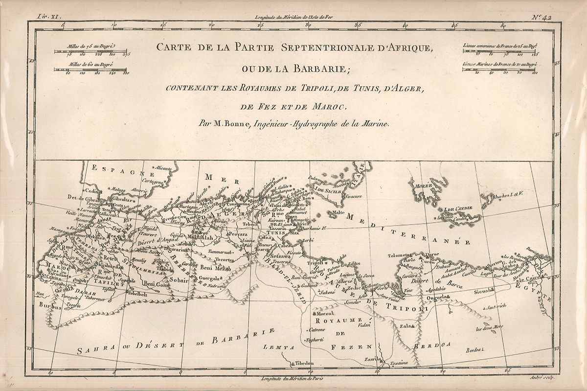 BONNE, Rigobert. Carte de la Partie Septentrionale d`Afrique, ou de la Barbarie; contenant les Royaumes de Tripoli, de Tunis, d`Alger, de Fez et de Maroc.