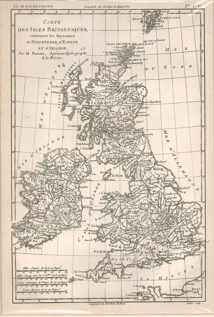 BONNE, Rigobert. Carte des Isles Britanniques, contenant les Royaumes d`Angleterre, d`Ecosse et d`Irlande.