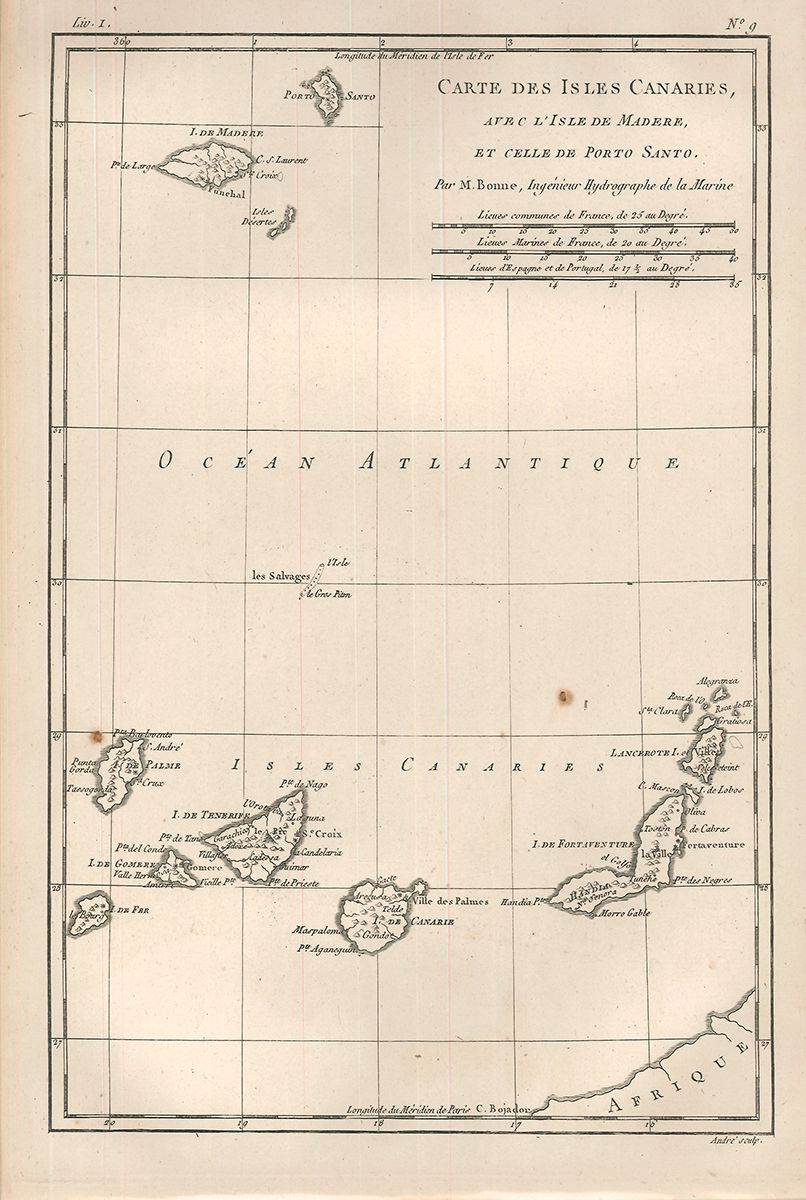 BONNE, Rigobert. Carte des Isles Canaries, avec l`Isle de Madere, et Celle de Porto Santo.