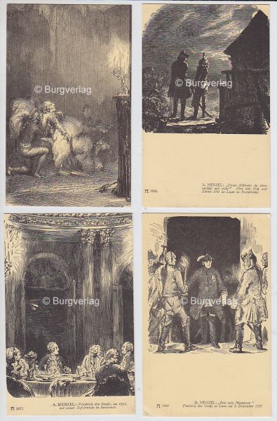 MENZEL, A[dolph]. Friedrich der Groe. Konvolut von 8 Postkarten.