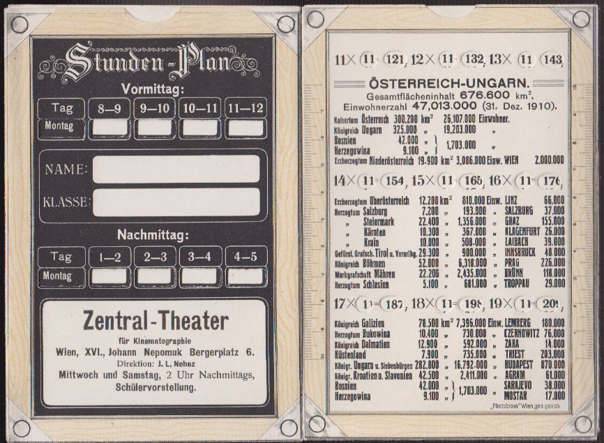 Stunden-Plan vom Zentral-Theater fr Kinematographie. Wien, XVI, Johann Nepomuk Bergerplatz 6.
