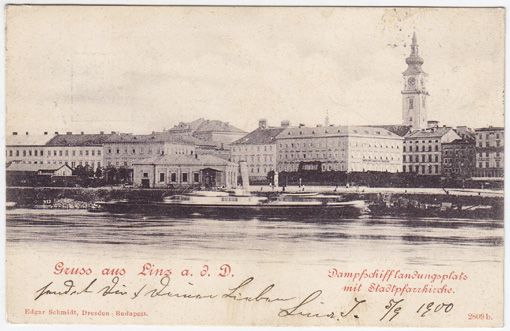  Gruss aus Linz a. d. D. Dampfschifflandungsplatz mit Stadtpfarrkirche.