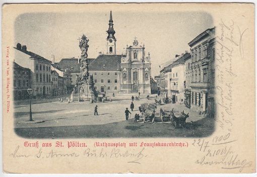  Gru aus St. Plten. (Rathausplatz mit Franziskanerkirche.).