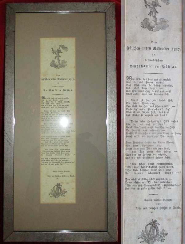 Unikat: Eingerahmtes Hochzeitsgedicht vom 10. November 1817, Amtshaus zu Pühlau.