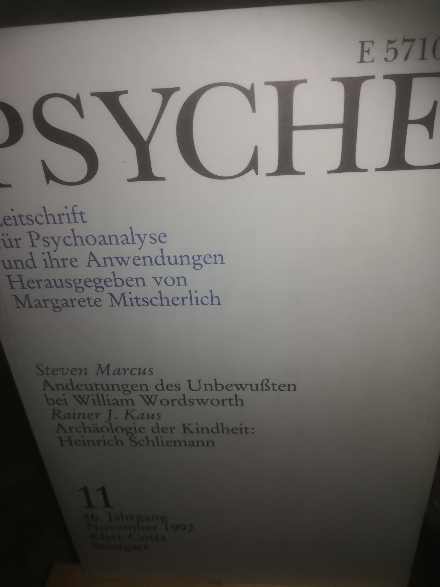 Psyche, Zeitschrift für Psychoanalyse und ihre Anwensungen, 11, 46. Jahrgang, November 1992 - Mitscherlich Alexander
